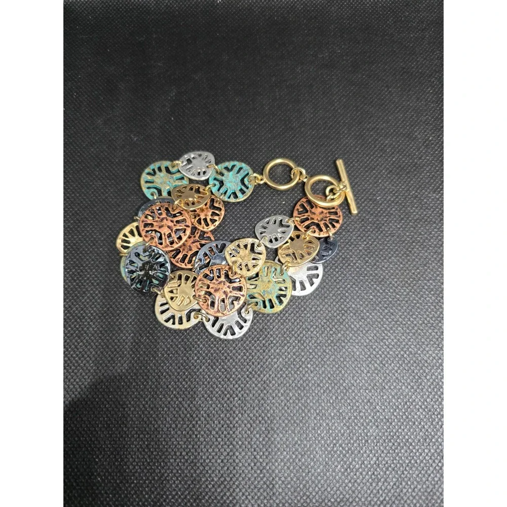 Mixed Metal Multi Strand Coin Charm Bracelet Verdigris Toggle Clasp Goldtone